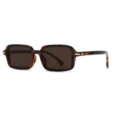 Imagem de Óculos de sol retangulares com rebites retrô, óculos de sol femininos, proteção UV400, armação de lentes transparentes, moda masculina (chá de leopardo)