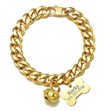 Imagem de Coleira de cachorro de ouro 18 K de aço inoxidável, gargantilha, à prova de mastigação, corrente cubana com sino de ouro e etiqueta de osso personalizada com código QR personalizado