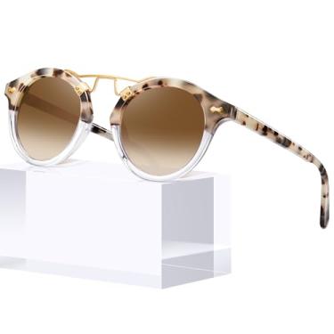 Imagem de CARFIA Óculos de sol femininos de acetato com ponte dupla, lentes polarizadas, retrô de metal, sobrancelha, óculos escuros modernos e redondos, 4-0. Armação de tartaruga rosa e branca, lente marrom