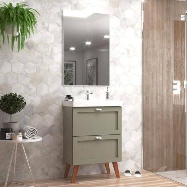 Imagem de Gabinete Para Banheiro Com Cuba E Espelho 60cm Retro Mdf Verde Milano - On Móveis