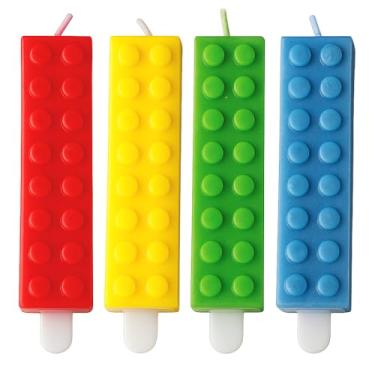 Imagem de ArtCreativity Velas de tijolo, velas temáticas para bolo de aniversário de blocos de montar – Pacote com 4 – Velas de festa de tijolos vermelhas, amarelas, verdes e azuis, artigos de festa de aniversário coloridos de blocos de montar e decoração