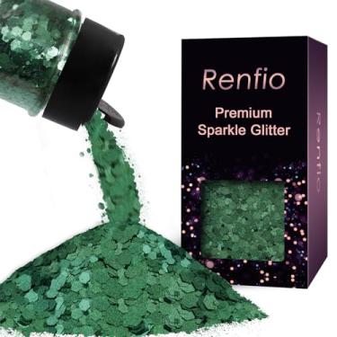 Imagem de Renfio Glitter grosso verde fosco, 50 g com glitter misto de resina verde esmeralda, flocos de lantejoulas hexagonais foscas para suprimentos de copo de globo de neve, artesanato, resina, decoração de