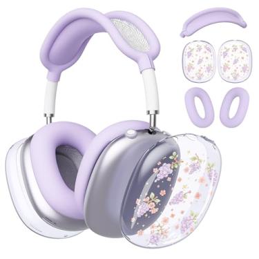 Imagem de BlHMCASE Capa de fone de ouvido para AirPods Max, capa de fone de ouvido transparente com flor de uva, capa roxa de silicone para fones de ouvido para Apple AirPods Max