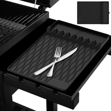 Imagem de DJAPWPX 2 peças de silicone para grelhar, tapete de espátula de silicone dobrável, resistente ao calor, churrasqueira, suporte de utensílios, antiderrapante, prateleira lateral, para churrasqueira