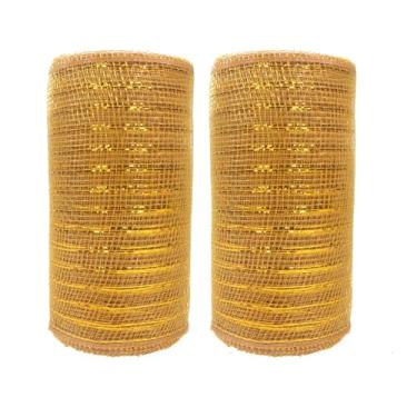 Imagem de JStnana 2 rolos de fita de malha dourada para artesanato de grinaldas, 15,8 cm x 7,6 m por rolo, rolos de malha decorativa, tecido de malha decorativa para decoração de guirlanda de árvore de Natal no