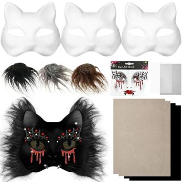 Imagem de ZFLYCANP Kit de máscara faça-você-mesmo, kit de máscara em branco versátil estilo gato de superfície lisa com pele sintética e malha de olhos para cosplay de carnaval de máscaras (preto)