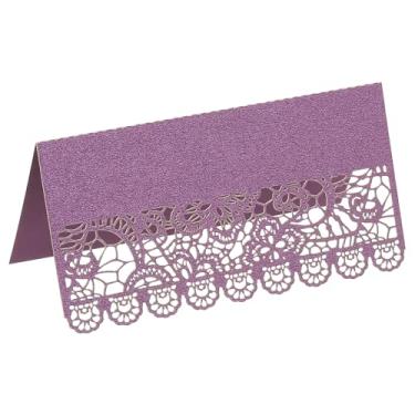 Imagem de PATIKIL 50 peças de cartões de casamento, cartões de visita com flores cortadas a laser, cartão de mesa, papel com glitter perolado para mesa, recepção de casamento, buffet, festa de negócios, roxo