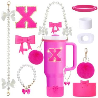 Imagem de Conjunto de acessórios de copo Stanley rosa de 9 peças para copo de 850 g 1,134 g com alça, inclui alça de pérola, topos de palha e bota de laço, pingentes de decoração, adesivo de letra, tampas à