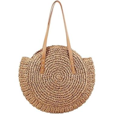 Imagem de Bolsa de palha redonda bolsa de ombro feminina bolsa de praia de verão bolsas de palha Bohemia transversal 43 x 38 cm castanho claro M, bolsas redondas para mulheres