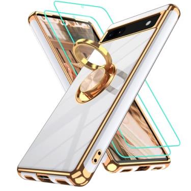 Imagem de Gritup Capa para Google Pixel 6A com 2 peças protetoras de tela | Suporte magnético de rotação de 360° | Revestimento dourado macio TPU protetor básico para celular Pixel 6A branco