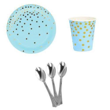 Imagem de Kit 10 Pratos Copos Descartáveis Papel Colher 14Cm Azul - Udlandia