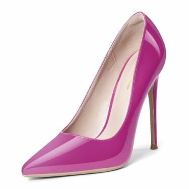 Imagem de Scarpin feminino GENSHUO 12 cm com Bico Fino Fechado, Salto Alto Agulha, Fácil de Calçar, Rosa choque, 37
