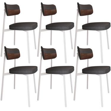 Imagem de Kit 06 Cadeiras Estofada Para Sala de Jantar Astrid Branco C01 Linho Preto Courino Whisky - Lyam Decor