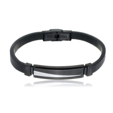 Imagem de Bracelete Aço 20Cm Couro Preto Trabalhado Com Placa 10X36Mm