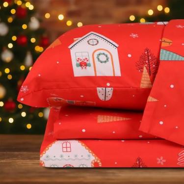 Imagem de Hitime Jogo de cama solteiro de Natal de 3 peças - Lençóis de cama de poliéster ultramacio e respirável, roupa de cama refrescante para todas as estações com bolsos profundos, resistente a rugas e