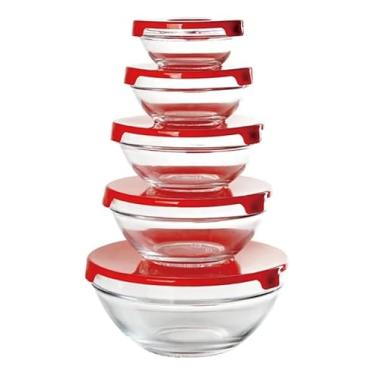 Imagem de Conjunto 5 Potes Vidro Tampa Vermelha Pote Redondo Hermético Cozinha Organizador Mantimentos Alimentos Geladeira