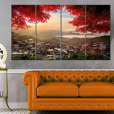 Imagem de Designart Arte de parede de metal brilhante com árvores vermelhas, grande paisagem de Taiwan Township 48x28-4 painéis iguais