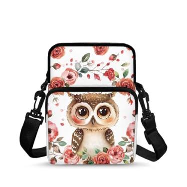 Imagem de Ecaestolph Bolsa tiracolo feminina pequena carteiro tiracolo bolsa transversal bolsa de armazenamento bolsa, Coruja de desenho animado rosa branca, One Size