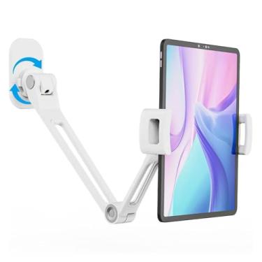 Imagem de ergoiuon Suporte de parede para tablet para tablets de 4,7 a 12,9 polegadas iPAD/Switch/telas portáteis, liga de alumínio com ângulo flexível ajustável, base giratória de 360° para tablet (branco)