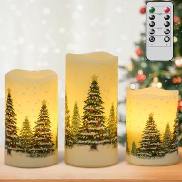 Imagem de Wondise Velas cintilantes sem chamas com temporizador remoto, decalque de pinheiro de árvore de Natal de cera real operado por pilhas, vela de LED para presentes de decoração de Natal, conjunto de 3