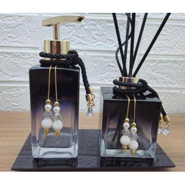 Imagem de Kit Lavabo Jogo Banheiro Luxo Difusor Porta Sabonete Líquido Bandeja Decorativa Conjunto Pia Dispenser Aromatizador Organizadores Decoração Banheiro - Luiggi Presentes® (Branco e Rosê Gold)