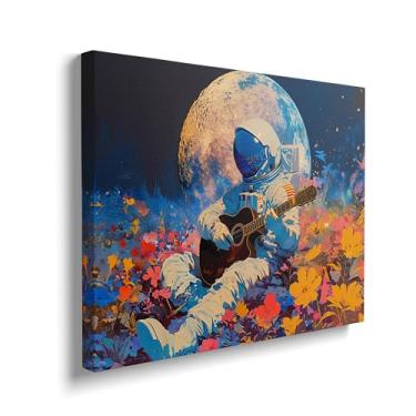 Imagem de Arte de parede em tela de astronauta, pôsteres de lua, imagens de guitarra, pintura de astronauta, impressões modernas, arte emoldurada para banheiro, sala de estar, decoração de parede de casa 30,5 x