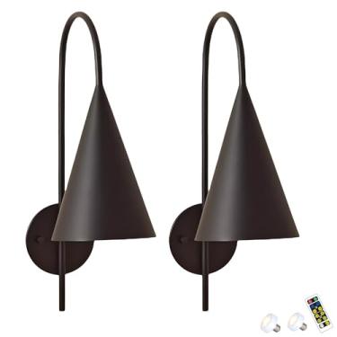 Imagem de Conjunto de dois apliques de parede, luminárias de parede internas operadas por bateria, luminárias de parede LED pretas foscas, apliques com fio reguláveis, luminária de parede sem fio para