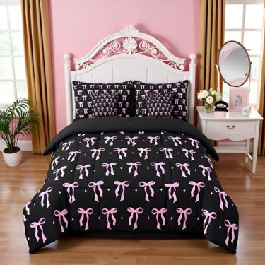 Imagem de Conjunto de cama casal com laço rosa, 7 peças, estrelas, laço e retalhos, nó de borboleta, princesa preta, nobre chique (edredom + lençol de cima + 2 fronhas + 2 capas de travesseiro)