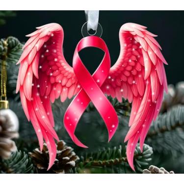 Imagem de Enfeite de acrílico com asas de anjo de fita rosa - Decoração memorial de conscientização do câncer de mama - Ornamento para famílias e apoiadores - presente para a temporada de Natal