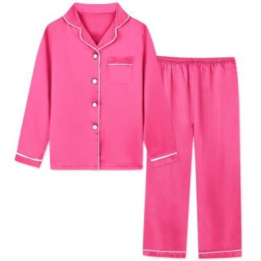 Imagem de Conjunto de pijamas Schbbbta feminino de seda, cetim, botão, rosa choq