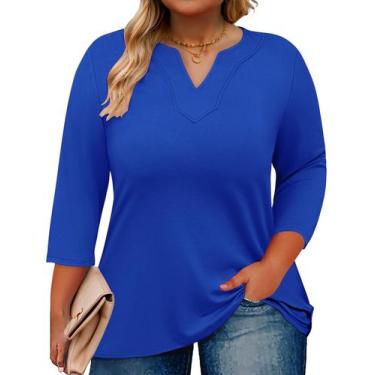 Imagem de Blusa túnica Romanstii Plus Size com decote em V, manga 3/4, azul roya