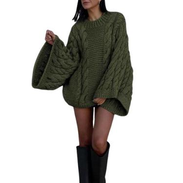 Imagem de Suéter feminino Yeokou, grande, luxuoso, folgado, tricotado verde escu