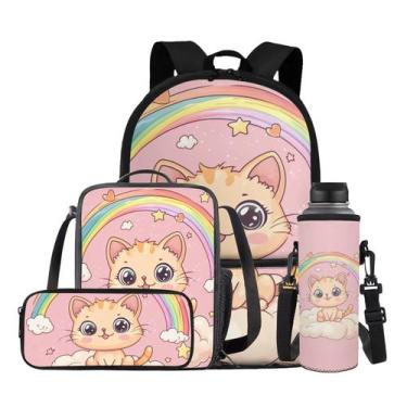 Imagem de Mochila Gomyblomy Rainbow Cat para meninas 6-8 8-10 com lancheira