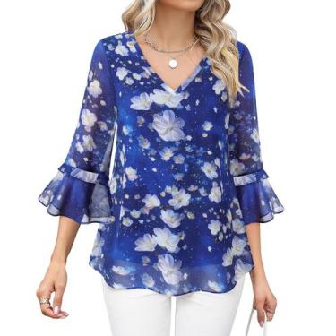 Imagem de Blusa feminina Bebonnie com babados, manga 3/4, decote em V, azul estr