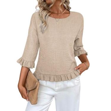 Imagem de Blusa feminina Urchics com babados, manga 3/4, linho, cáqui M