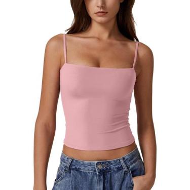 Imagem de Camiseta regata feminina QINSEN com gola quadrada e alças finas rosa X