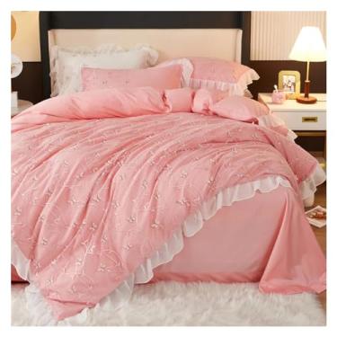 Imagem de Conjunto de capa de edredom de cetim branco 600 fios algodão chique renda e borboleta 3D conjunto de capa de edredom para meninas (rosa liso queen 200 x 230 cm 4 peças)
