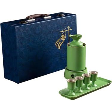 Imagem de JOEUQK Conjunto de copos de saquê japonês conjunto de 8 peças com copo quente de saquê, pote de saquê, copo de saquê, fogões quentes e bandejas para casa, preto