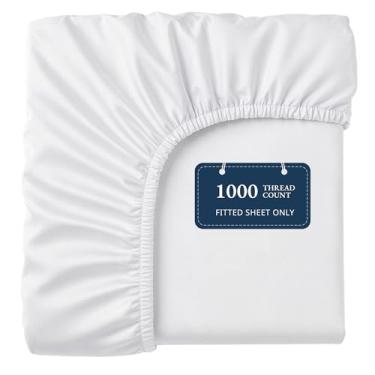 Imagem de Lane Linen Lençol de elástico 100% algodão egípcio Queen (155 x 205 cm + 41 cm) - tecido acetinado elegante, ultramacio, respirável, altamente durável, bolsos profundos de até 43 cm - branco