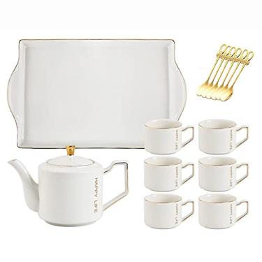 Imagem de Conjunto de chá branco de porcelana com bandeja de chá, bule de chá com 6 xícaras, serviço de chá moderno para chá/café/água