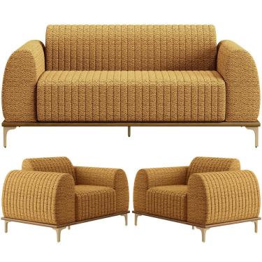 Imagem de Kit Sofá 3 Lugares 180cm com 02 Poltronas Molino Base Castanho Pés D'ouro D02 Prime Bouclê Mostarda PB-03 - Lyam Decor