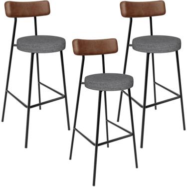 Imagem de Kit 3 Banqueta Alta Cozinha Sala Jantar Milão L02 Couríssimo Marrom Linho Cinza Escuro - Lyam Decor