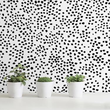 Imagem de Safiyya Papel de parede de papel de parede branco e preto 43,9 cm x 497,8 cm Papel de parede de bolinhas moderno Boho removível autoadesivo rolo de vinil
