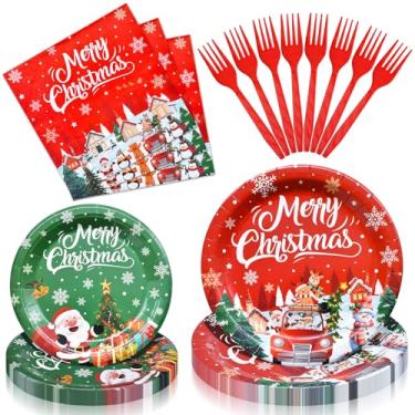 Imagem de 100 peças de utensílios de mesa de Natal – Conjunto de louça descartável de Feliz Natal com pratos de papel, guardanapos e utensílios para festas de fim de ano, celebração de inverno – Serve 25