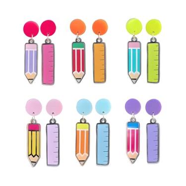 Imagem de Dreuyet 6 pares de brincos de giz de cera para professores, presentes de agradecimento de professores, brincos femininos engraçados de acrílico com régua, pingente, de volta às aulas, conjunto de