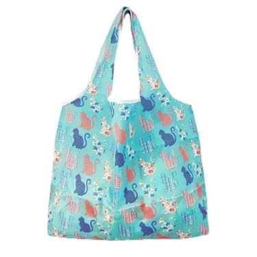 Imagem de Bolsa de compras grande dobrável à prova d'água, bolsa quadrada leve, sacola portátil para mulheres compras de supermercado, uso diário - estampa de gato verde