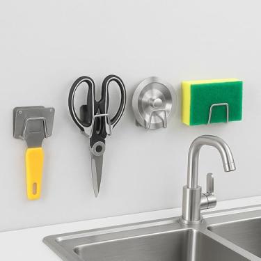 Imagem de Suporte de esponja de secagem de 4 peças para pia de cozinha, organizador de pia de aço inoxidável com gancho adesivo sem broca, comporta esponjas, tampa de panela, escovas e panos de prato
