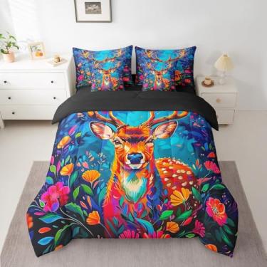 Imagem de Feelyou Jogo de cama casal de 7 peças de veado fofo para caça de veado, chifres de flores coloridas, fazenda, faroeste, todas as estações, conjunto de cama com edredom, lençol e fronhas