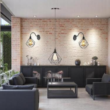 Imagem de Luminária Lustre Aramado Conjunto Kit 1 Pendente Diamante + 2 Arandelas de Parede Retrô Área Gourmet (PRETO FIO PRETO)