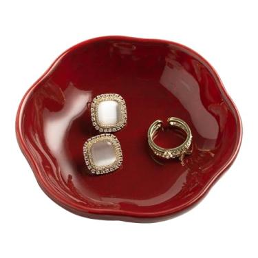 Imagem de Prato de anel de cerâmica, flor, suporte de joias, bandeja fofa de joias, travessa, pequena bandeja decorativa para chaveiro, decoração de quarto, estética para mãe, melhor amiga, irmã (vermelho)